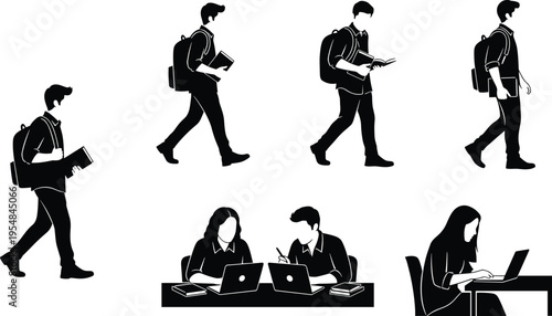 Black and white silhouettes of students walking with backpacks and studying on laptops representing academic education university campus life and learning