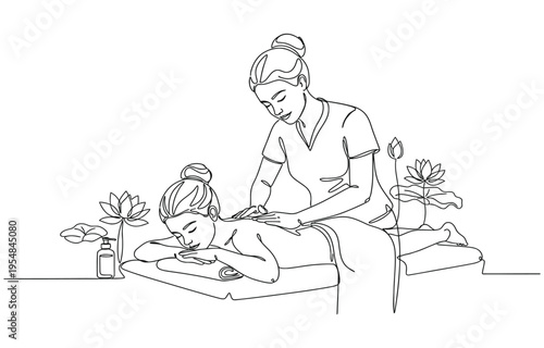 Single continuous line drawing woman patient lying on massage table therapist doing healing treatment massaging injured.