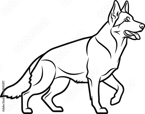 A black and white line art illustration of a German Shepherd dog standing