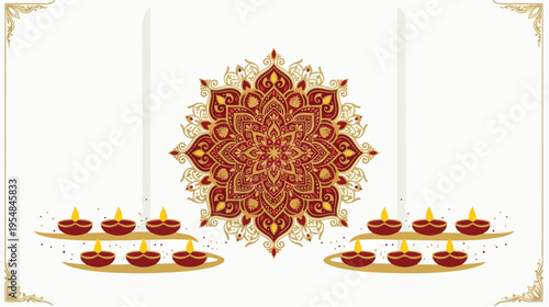 Traditional Indian Diwali diyas and intricate mandala design on a white background with golden accents.