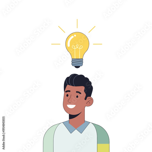 Man with Bright Idea Light Bulb Above Head, Innovation and Creativity Concept