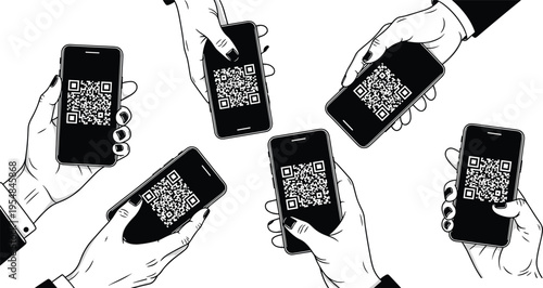 Top view of multiple hands holding smartphones displaying QR codes for digital payment, contact sharing, and mobile data transfer technology