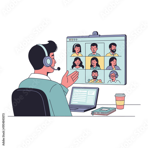 Man with headset in video conference call, diverse people on screen