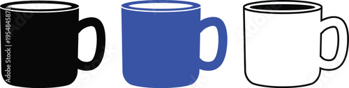 Vector illustration of coffee mugs in different colors black blue and white simple mug icon set