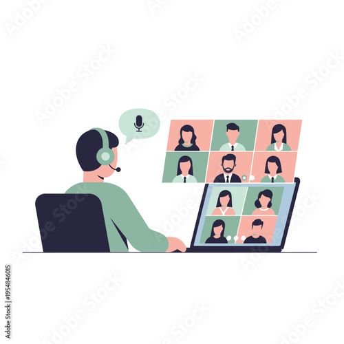 Online meeting via video conference call on laptop screen with participants