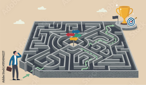 Path business corporate marketing right success plaining achievement growth project businessman finding the way in labyrinth to reach target