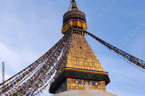 The Wisdom eyes on Boudhanath stupa landmark of Kathmandu , Nepal