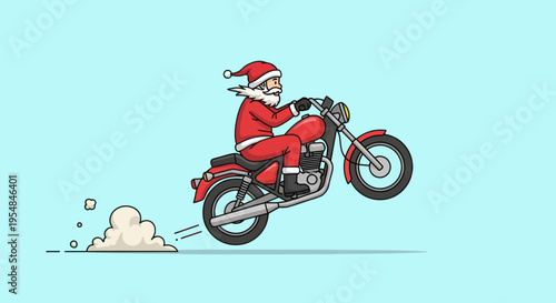 Festive cartoon Santa Claus doing a wheelie on a vintage red motorcycle Christmas holiday fun.