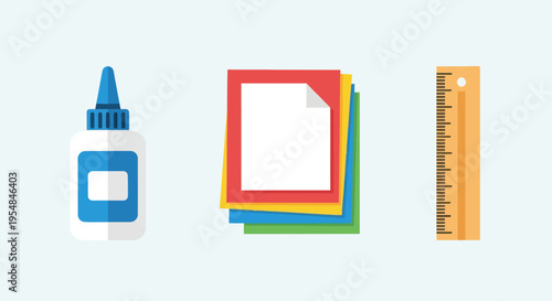 Flat lay of glue bottle colorful paper stack and ruler for crafting and school projects.