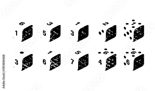 White dice faces collection with numbers one to six in isometric style clean vector game elements