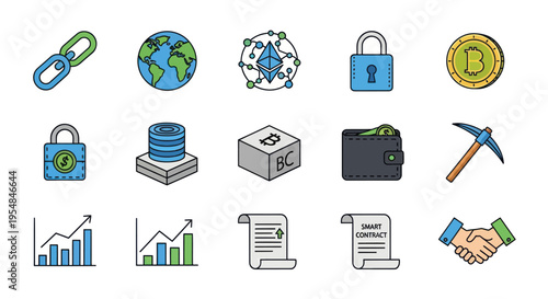 Collection of Cryptocurrency and Blockchain Technology Icons.