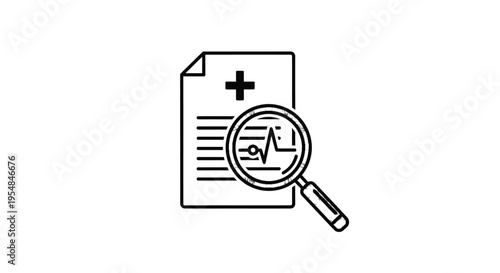 Line art icon of a medical document being examined by a magnifying glass revealing an EKG heartbeat.