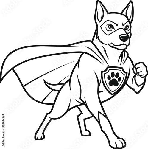 Superhero dog in cape and mask standing strong