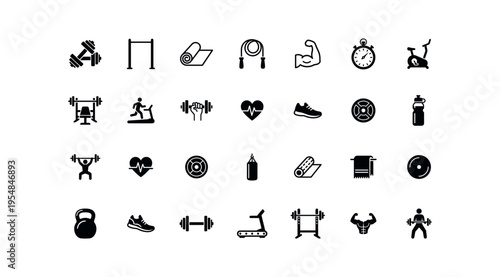 fitness gym icon set, workout and training equipment symbols, bodybuilding and cardio activity icons collection, vector illustration isolated on transparent background