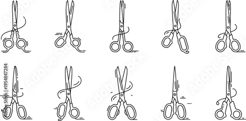 Hair cutting scissors motion set with dynamic barber tools line art vector illustration