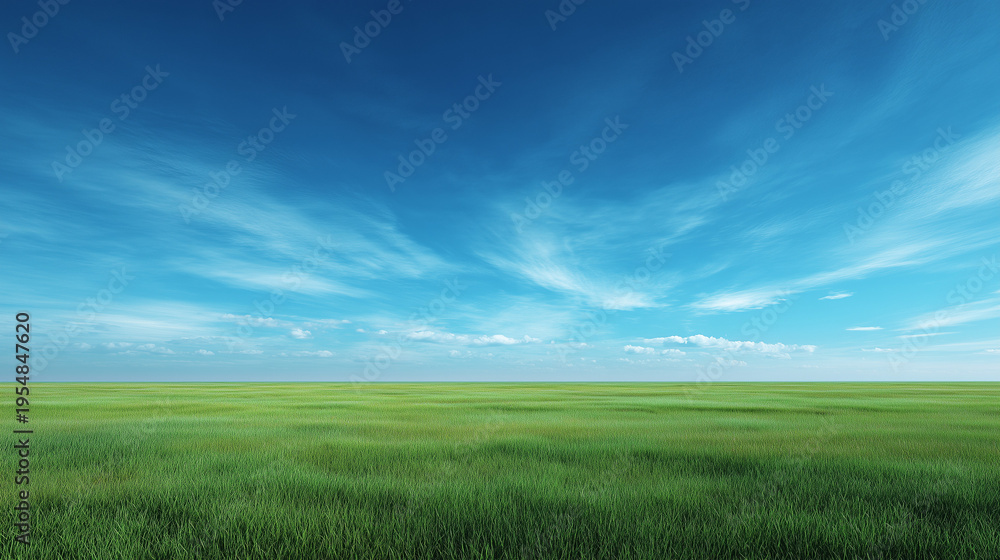Obraz premium Minimalist landscape featuring a wide green grass field under a clean horizon, serene atmosphere, natural light, open space, and tranquil scenery.