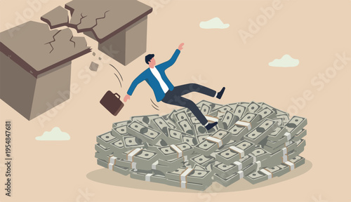 Insurance, reserve money or emergency fund on business failure, mistake or accident, compensation money support an cushion concept, fail businessman falling huge big desk money banknotes safety