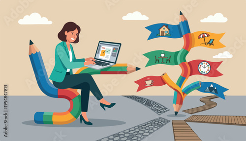 Flexible work, remote work anywhere anytime, employee choice or choose time location productivity creativity concept, cheerful woman enjoy working with to computer laptop flex bent pencil