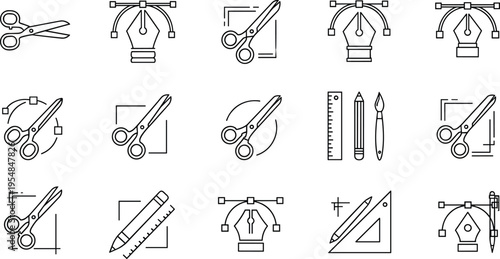 Design tools and editing icons set with scissors pen ruler and vector editing symbols illustration