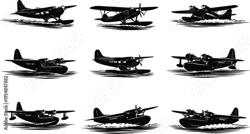 Seaplanes and Amphibious Aircraft Vector Illustration – Different Views of Water Aircraft in Various Stages of Flight