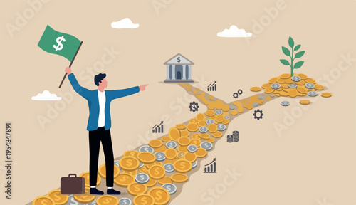 Cash flow, investment fund flow, fund raising, bank loan financial activity making money profit concept, Businessman leader or investor holding flag control flow money Dollar coins