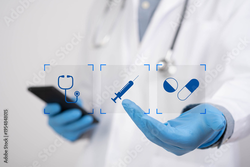 Doctor using smartphone with virtual medical interface showing stethoscope, syringe and medicine icons, representing digital healthcare, vaccination, telemedicine services, modern hospital technology.