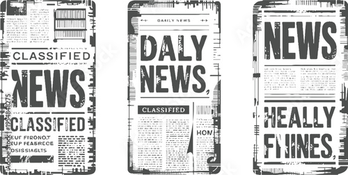 Vintage newspaper pages with classified ads and headlines in dark gray on white