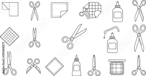 Craft tools icons set with scissors glue paper cutting and DIY supplies line art vector illustration