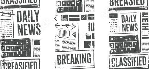 Textured newspaper collage with daily news and classified ads in dark gray and white breaking