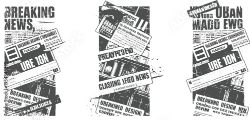 Chaotic collage of overlapping distressed newspapers and headlines in shades of grey and black breaking