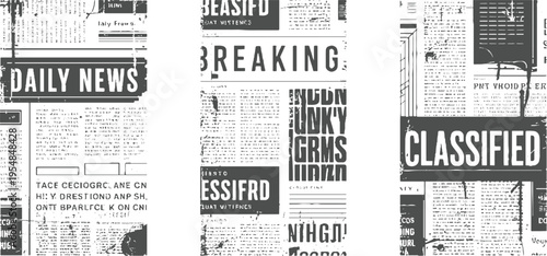 Collage of newspaper pages with headlines daily news breaking classified ads and text