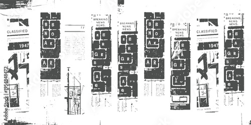 Vintage newspaper clippings with classified ads and breaking news headlines in dark gray and white