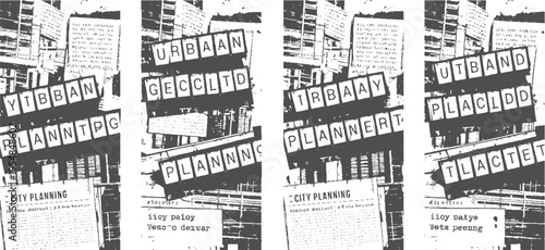 Four panels of black and white featuring text and letters arranged in a collage style