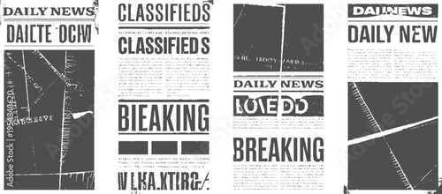 Four newspaper pages with headlines like Daily News and Breaking News in grayscale classifieds