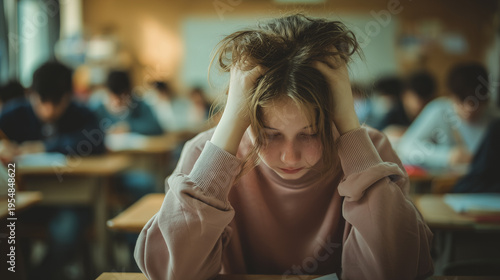 Stressed female student sitting in classroom, feeling anxious and overwhelmed during lesson, education pressure and academic burnout concept