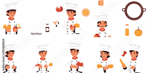 Chef cooking activities set with food preparation and kitchen actions cartoon vector illustration