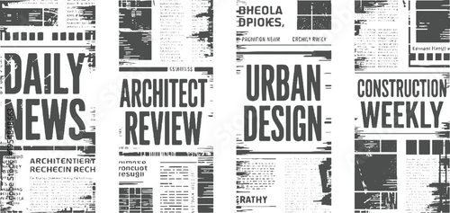 Four newspaper sections with bold headlines Daily News Architect Review Urban Construction Weekly