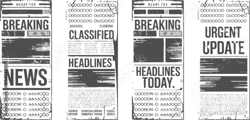 Four vintage newspaper pages with breaking news headlines and classified ads in a distressed dark gray style