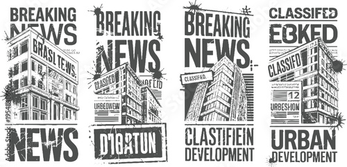 Four panels featuring distressed urban buildings and bold text headlines like Breaking News and Classified Development