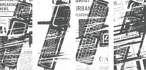 Four overlapping monochrome newspaper pages with distressed textures featuring cell phone keypads and urban development text