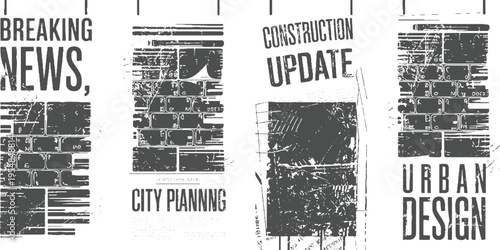 Four newspaper clippings with urban planning and construction themes in a distressed dark gray style