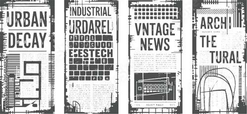 Four distinct newspaper style panels featuring urban decay industrial vintage news and architectural themes in grayscale