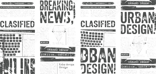 Four panels of newspaper style featuring classified ads and urban headlines in distressed black and white