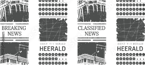 Four newspaper sections with architectural and text breaking news classified news and daily herald headlines