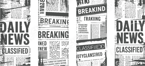 Four panels of dark grey newspaper text and headlines on white background with distressed texture breaking