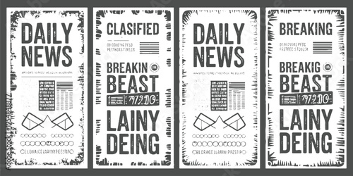 Four vintage newspaper advertisements with distressed borders and bold typography