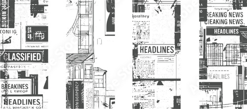 Vintage newspaper clippings with headlines classified ads and building in grayscale