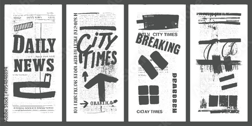 Four panels of distressed newspaper clippings with bold typography and in dark grey and white grunge