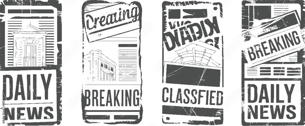 Naklejka premium Four distressed newspaper stamp featuring headlines and architectural vintage retro