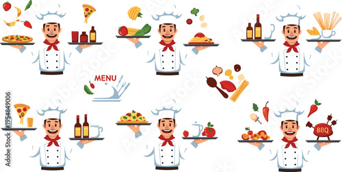 Chef serving food set with restaurant dishes cooking ingredients and menu presentation vector illustration